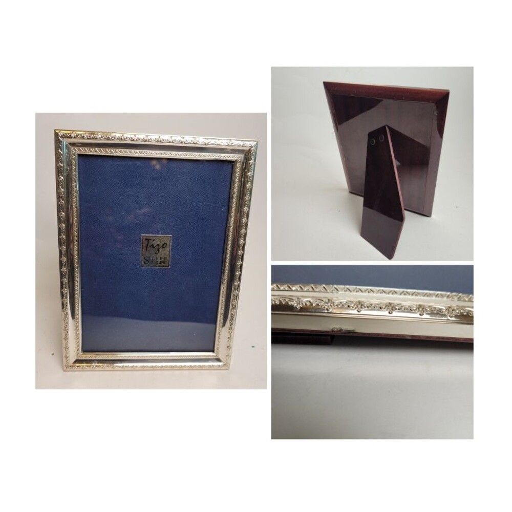 TIZO Sterling Silver Photo Frame 5x7" Floral Ornate Pattern Wood Snap Close Back